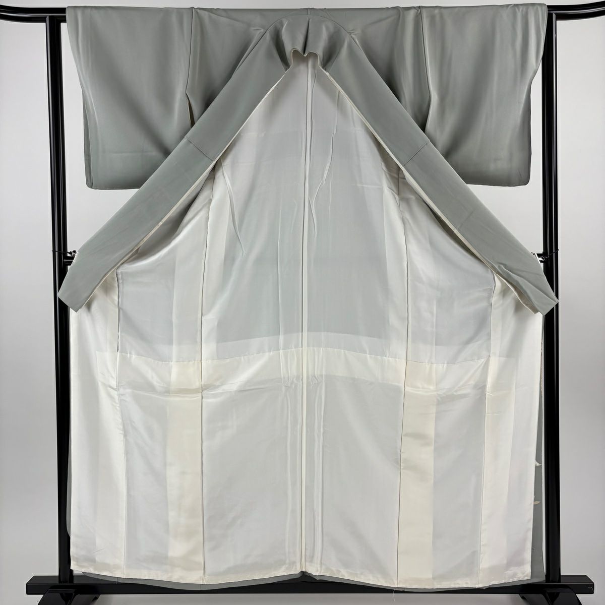 色留袖禮服 身長160.5cm 袖長63cm S 雙層 檜扇子 花鳥 金絲 金銀彩 灰綠 純蠶絲 秀品級 一つ紋