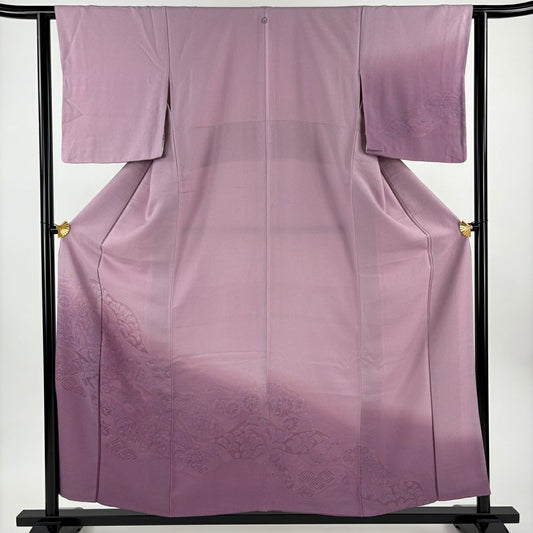 付下 身長157cm 袖長62.5cm S 雙層 花唐草紋 七寶紋 裾暈染 淺紫 純蠶絲 優品級 一個紋