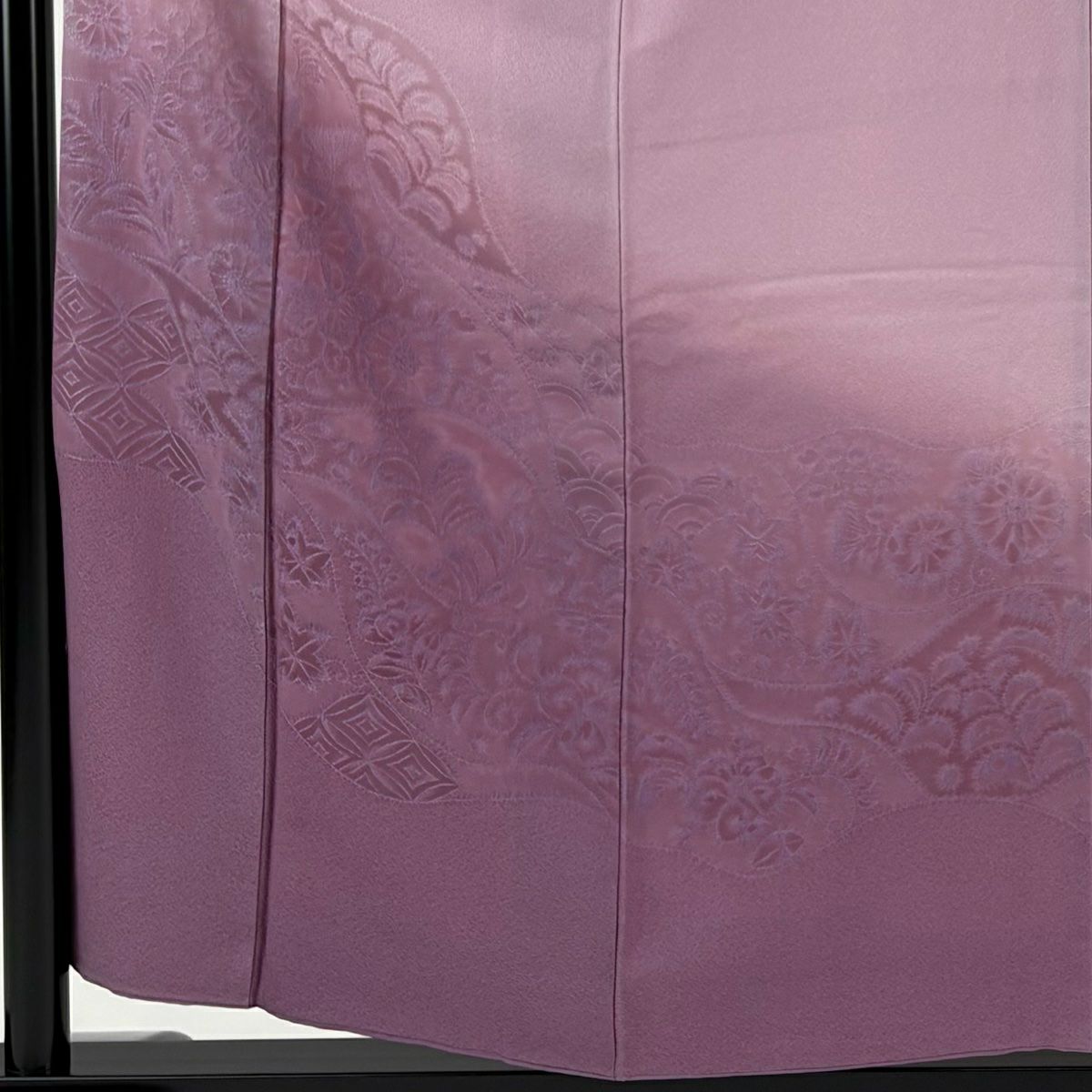 付下 身長157cm 袖長62.5cm S 雙層 花唐草紋 七寶紋 裾暈染 淺紫 純蠶絲 優品級 一個紋