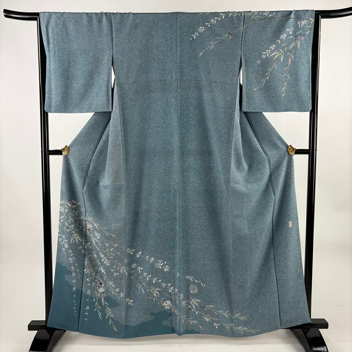 訪問服 身長161cm 袖長65.5cm M 雙層 落款あり 手鞠 柳 金絲 青灰色 純蠶絲 秀品級