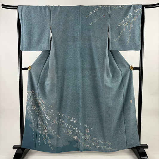 訪問服 身長161cm 袖長65.5cm M 雙層 落款あり 手鞠 柳 金絲 青灰色 純蠶絲 秀品級