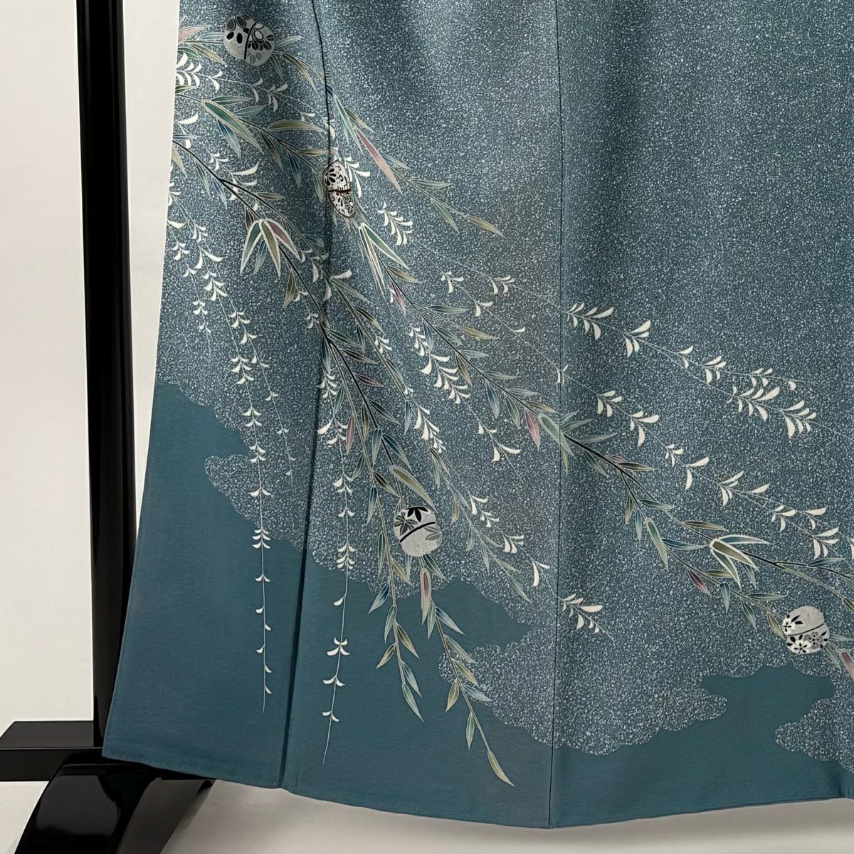 訪問服 身長161cm 袖長65.5cm M 雙層 落款あり 手鞠 柳 金絲 青灰色 純蠶絲 秀品級