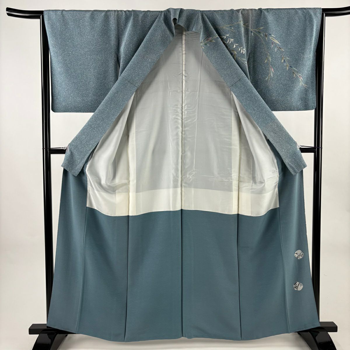 訪問服 身長161cm 袖長65.5cm M 雙層 落款あり 手鞠 柳 金絲 青灰色 純蠶絲 秀品級