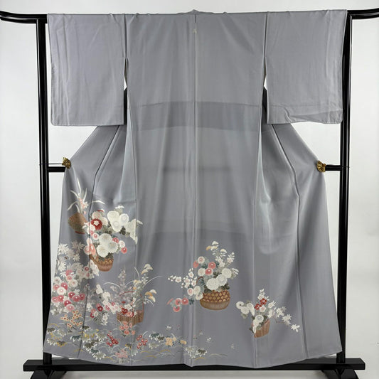 灰色留袖禮服 身長156.5cm 袖長64cm M 雙層 花籠 菊花 金絲 金銀彩 純蠶絲 秀品級 一個紋