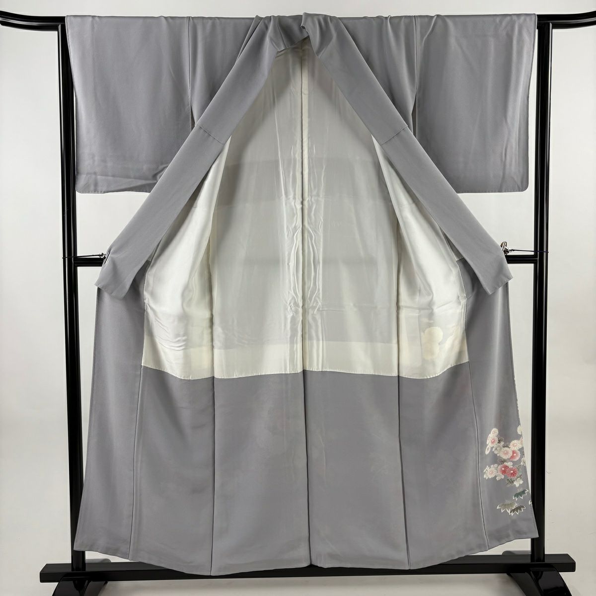 灰色留袖禮服 身長156.5cm 袖長64cm M 雙層 花籠 菊花 金絲 金銀彩 純蠶絲 秀品級 一個紋