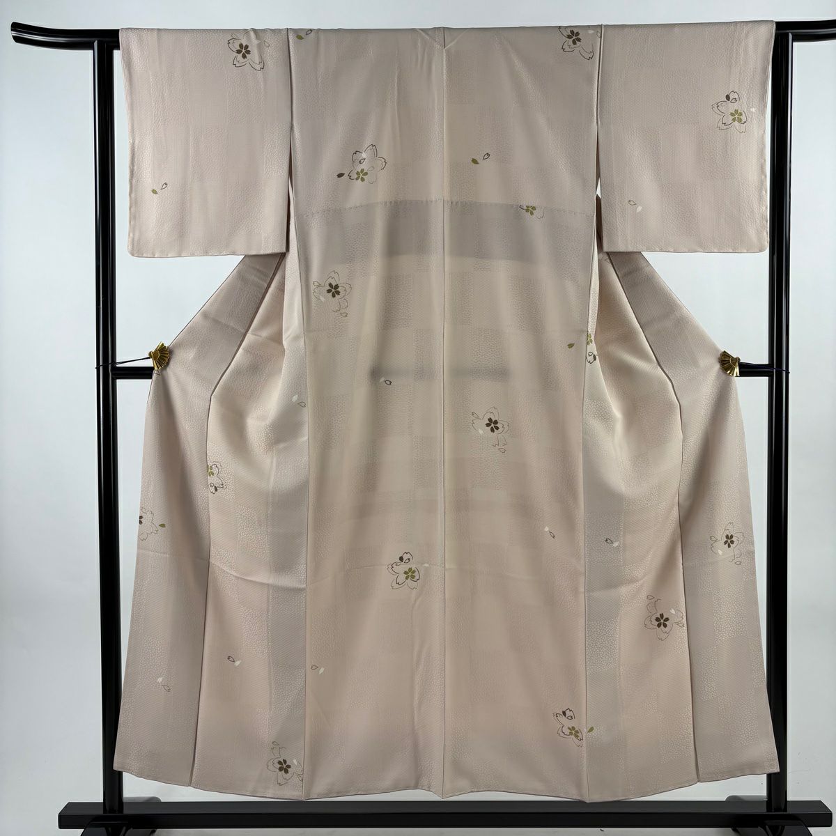 【美品】 小紋 身長153.5cm 袖長63cm S 雙層 櫻花 櫻花花瓣 金銀彩 粉米色 純蠶絲 優品級