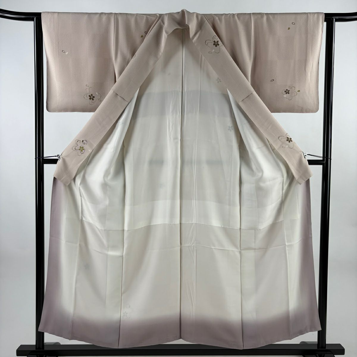 【美品】 小紋 身長153.5cm 袖長63cm S 雙層 櫻花 櫻花花瓣 金銀彩 粉米色 純蠶絲 優品級