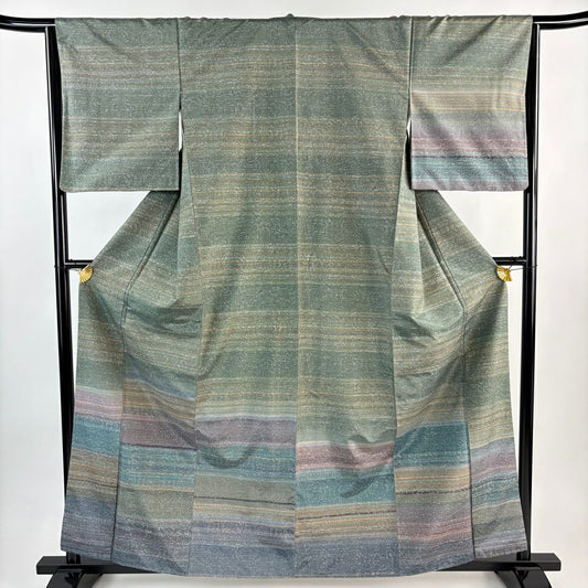 【美品】 付下 身長160.5cm 袖長64.5cm M 雙層 紬織織 段紋 花唐草紋 灰綠 純蠶絲 優品級