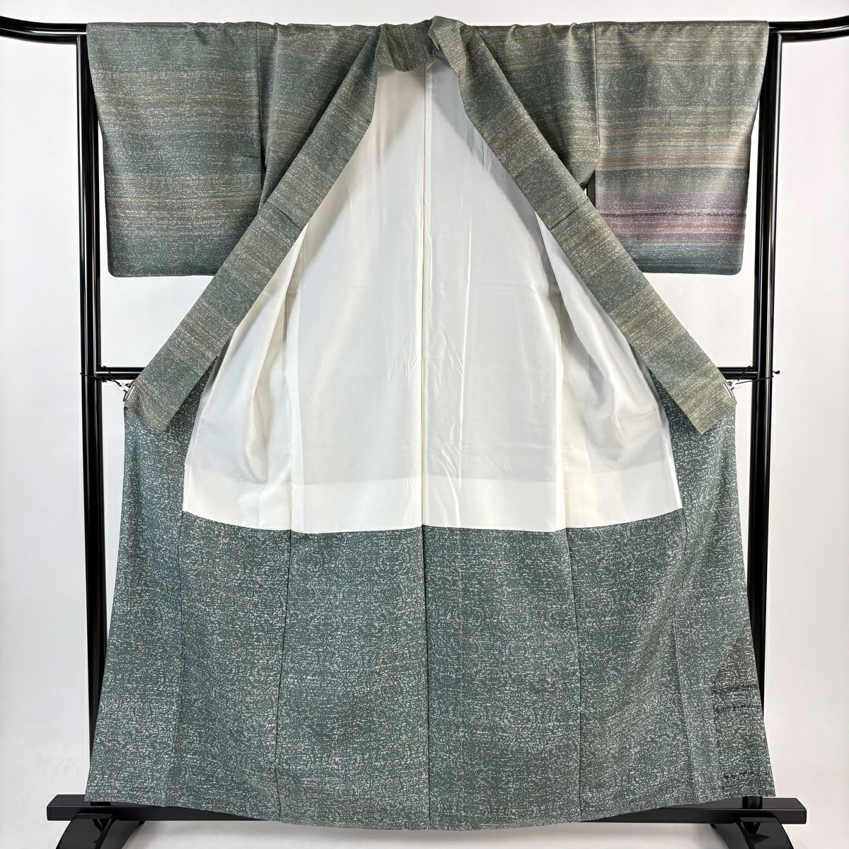 【美品】 付下 身長160.5cm 袖長64.5cm M 雙層 紬織織 段紋 花唐草紋 灰綠 純蠶絲 優品級