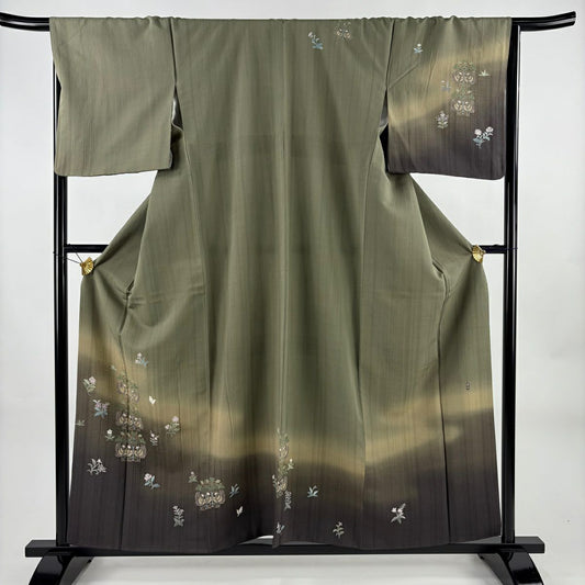 付下 身長157cm 袖長67.5cm L 雙層 落款有 向鳥 草花紋紋 漸層 灰綠 純蠶絲 優品級