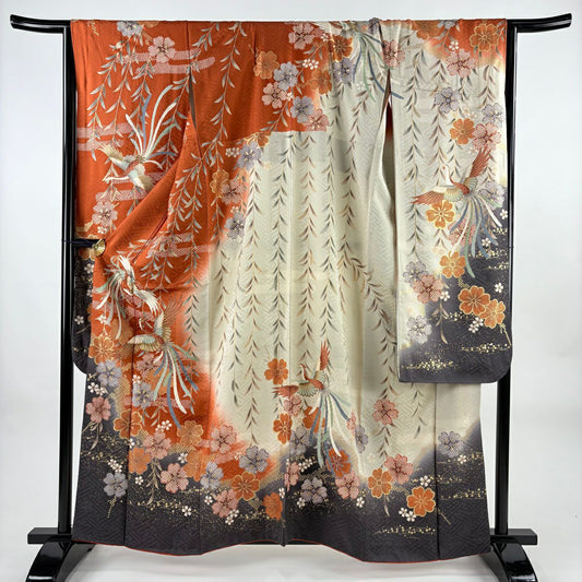 振袖禮服 身長160.5cm 袖長66.5cm M 雙層 鳳凰 垂枝櫻 金絲 金銀彩 朱 純蠶絲 優品級