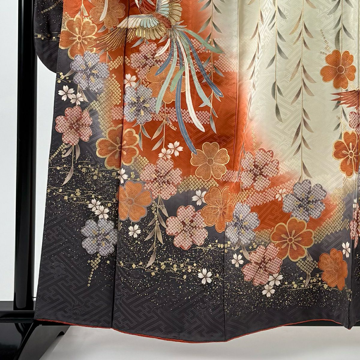 振袖禮服 身長160.5cm 袖長66.5cm M 雙層 鳳凰 垂枝櫻 金絲 金銀彩 朱 純蠶絲 優品級