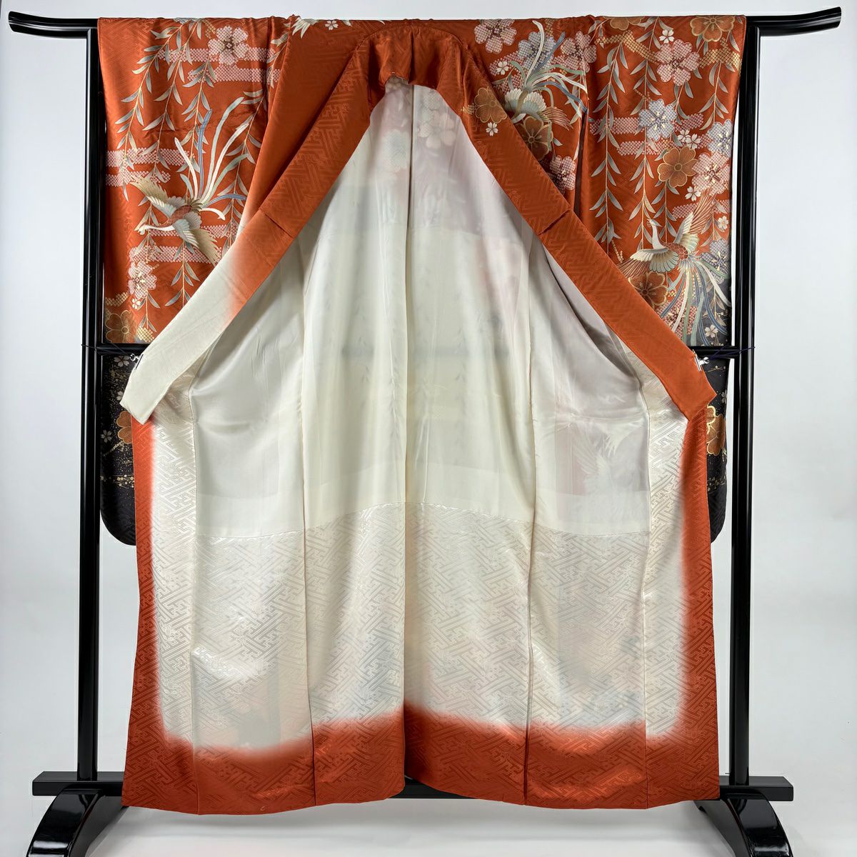 振袖禮服 身長160.5cm 袖長66.5cm M 雙層 鳳凰 垂枝櫻 金絲 金銀彩 朱 純蠶絲 優品級