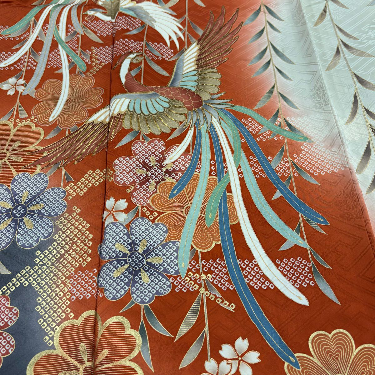 振袖禮服 身長160.5cm 袖長66.5cm M 雙層 鳳凰 垂枝櫻 金絲 金銀彩 朱 純蠶絲 優品級