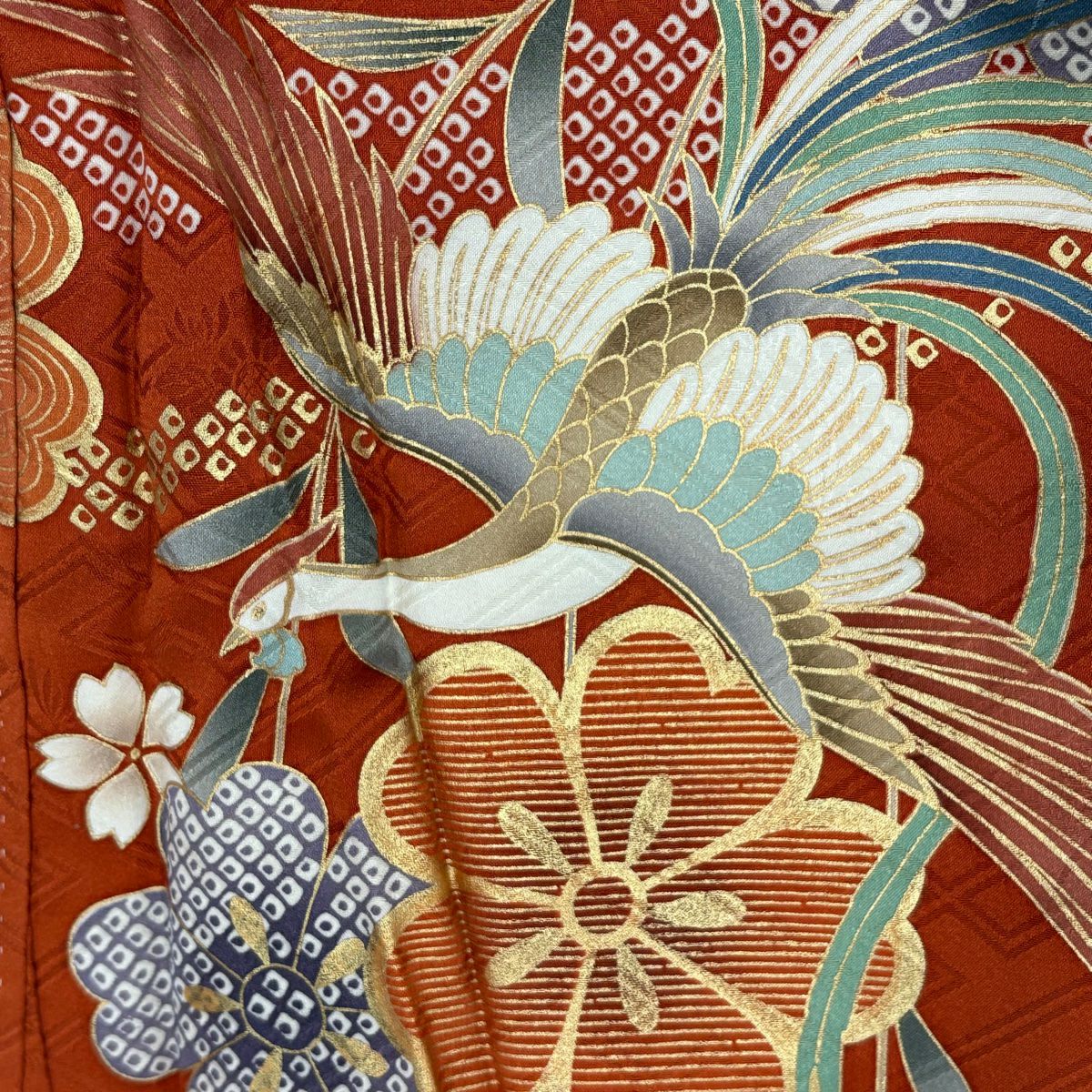 振袖禮服 身長160.5cm 袖長66.5cm M 雙層 鳳凰 垂枝櫻 金絲 金銀彩 朱 純蠶絲 優品級