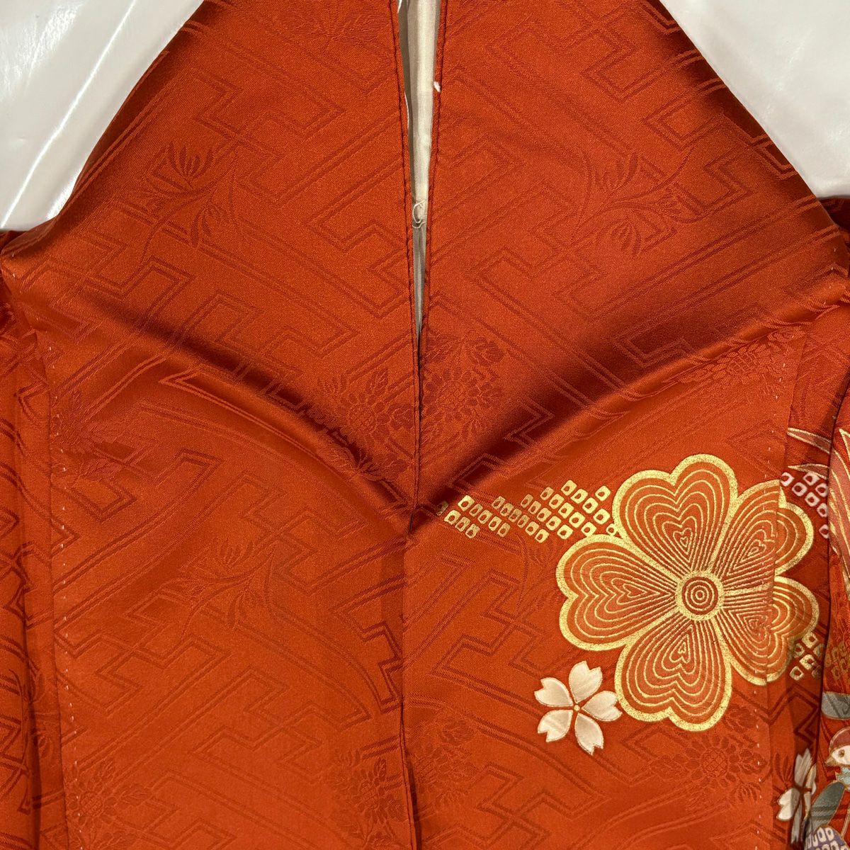 振袖禮服 身長160.5cm 袖長66.5cm M 雙層 鳳凰 垂枝櫻 金絲 金銀彩 朱 純蠶絲 優品級