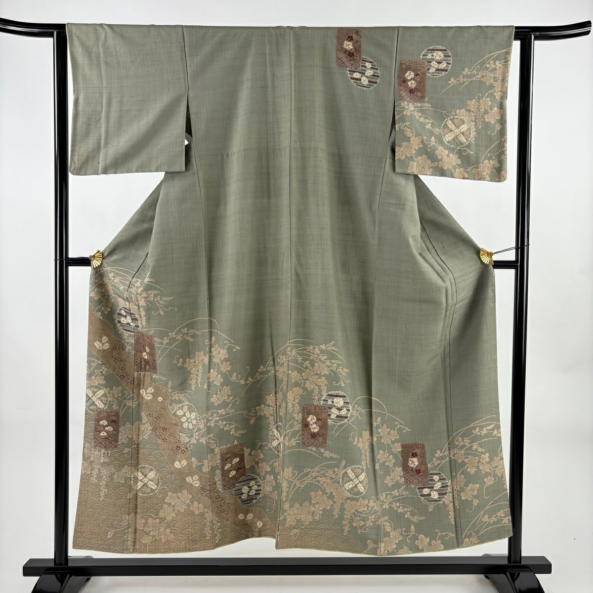 訪問服 身長152.5cm 袖長62.5cm S 雙層 紬織織 秋草 草花紋 金彩裝飾 絞染 灰綠 純蠶絲 秀品級