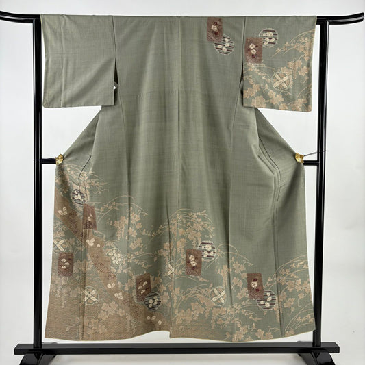 訪問服 身長152.5cm 袖長62.5cm S 雙層 紬織織 秋草 草花紋 金彩裝飾 絞染 灰綠 純蠶絲 秀品級