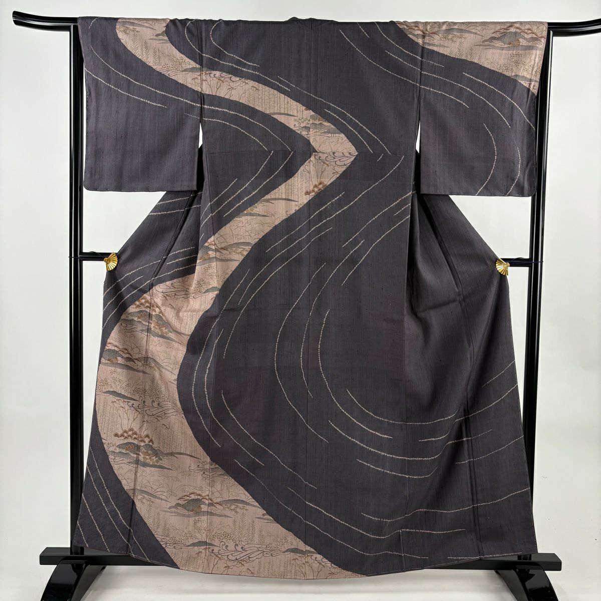 【美品】訪問服 身長162cm 袖長65.5cm M 雙層 紬織織 松樹竹子梅花 草花紋紋 灰紫 純蠶絲 秀品級