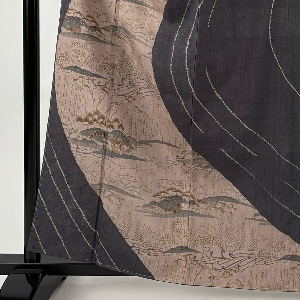 【美品】訪問服 身長162cm 袖長65.5cm M 雙層 紬織織 松樹竹子梅花 草花紋紋 灰紫 純蠶絲 秀品級