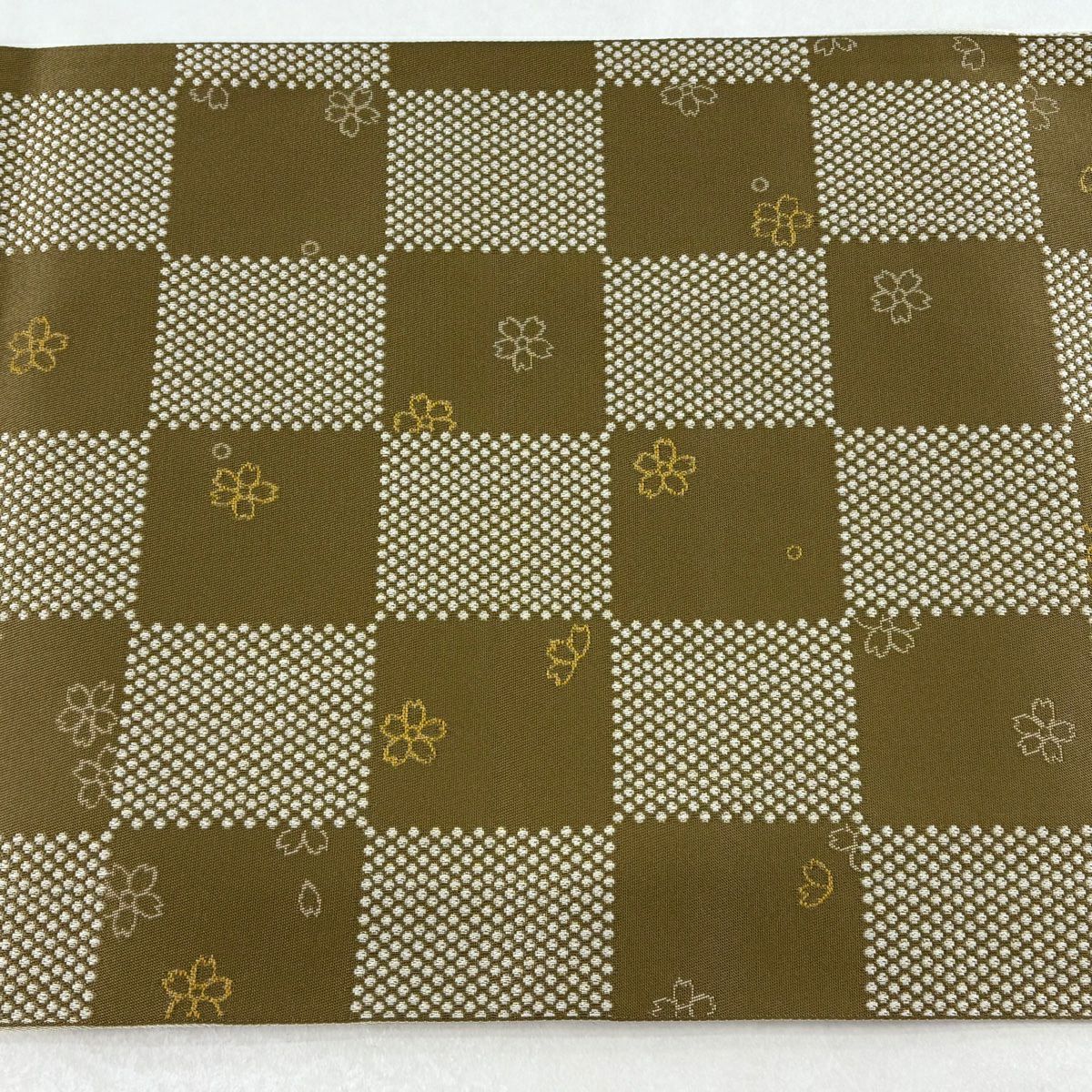 【美品】 名古屋帶 優品級 八寸名古屋帶 松樹葉裁縫 市松樹圖 櫻花 薄茶 化纖