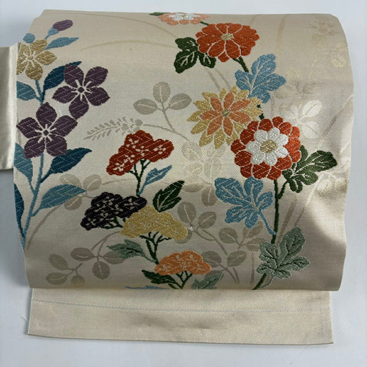 名古屋帶 優品級 關西仕立 雜草 菊花花 金金箔 刺繡 米色 純蠶絲