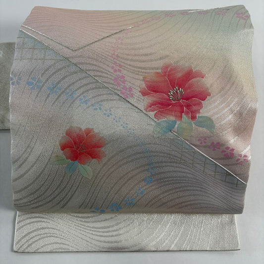 名古屋帶 優品級 草花紋紋 金金箔 銀線 淺粉色 純蠶絲
