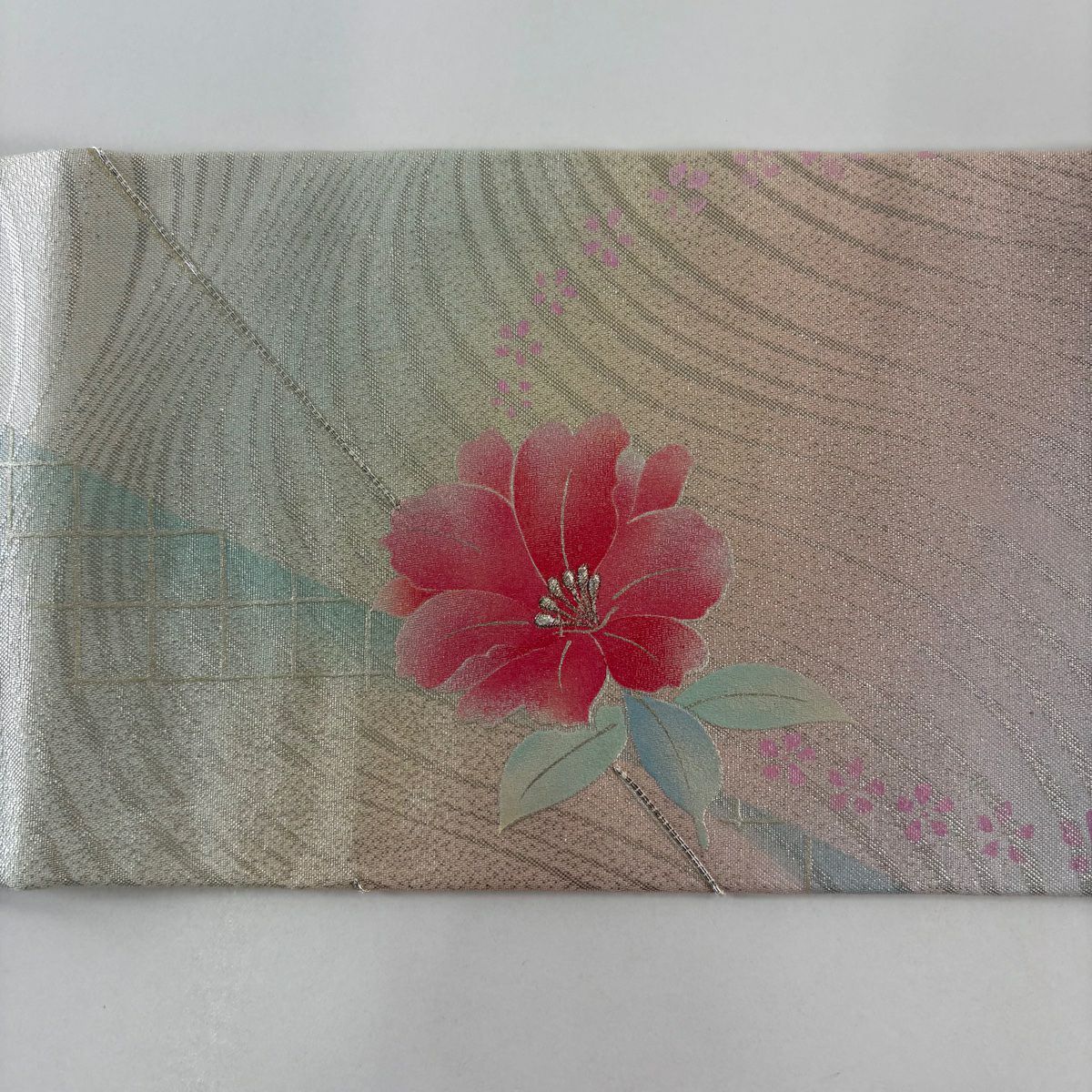 名古屋帶 優品級 草花紋紋 金金箔 銀線 淺粉色 純蠶絲