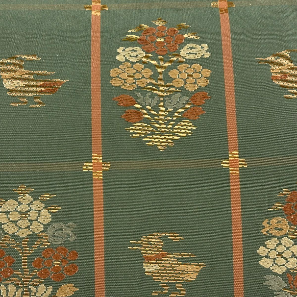 名古屋帶 優品級 草花紋紋 鳥 金金箔 刺繡 灰綠 純蠶絲