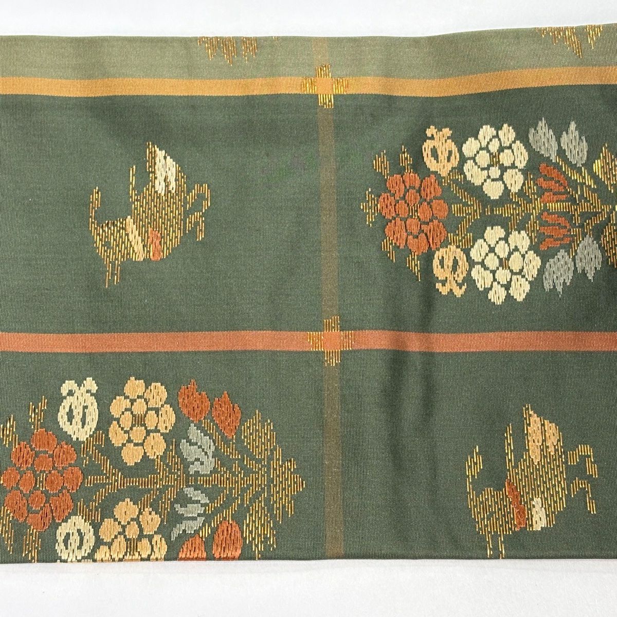 名古屋帶 優品級 草花紋紋 鳥 金金箔 刺繡 灰綠 純蠶絲