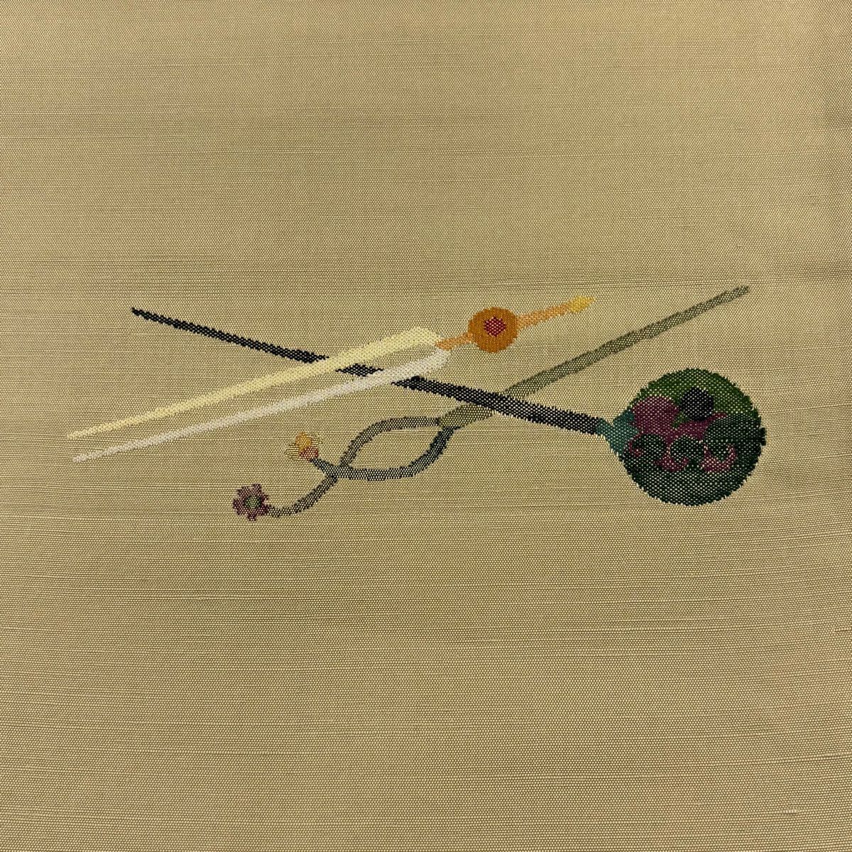 袋帶 秀品級 附有落款 紬織織 金絲 黃土色 大鼓圖案 純蠶絲