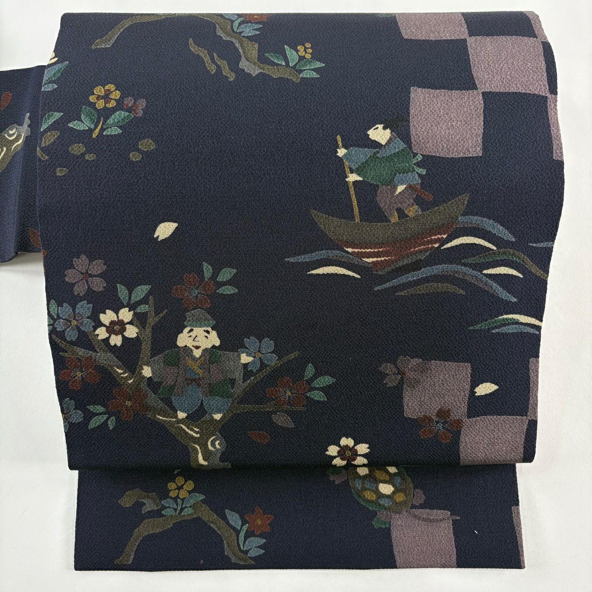 【美品】 名古屋帶 秀品級 昔話 花咲爺爺 一寸法師 絞織 深藍 純蠶絲