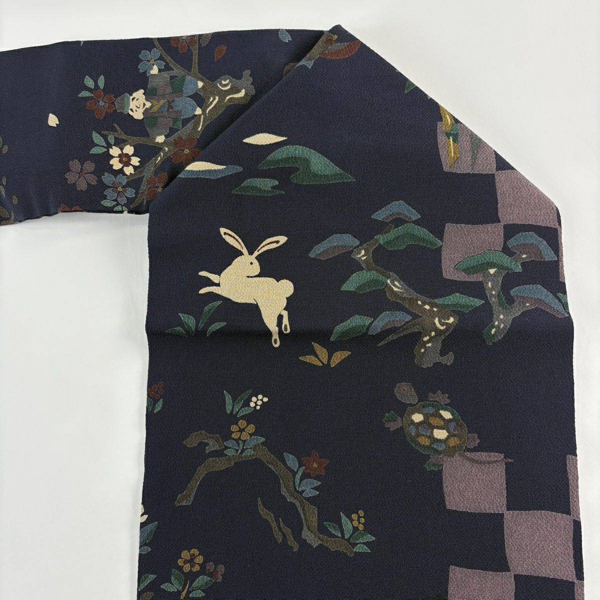 【美品】 名古屋帶 秀品級 昔話 花咲爺爺 一寸法師 絞織 深藍 純蠶絲