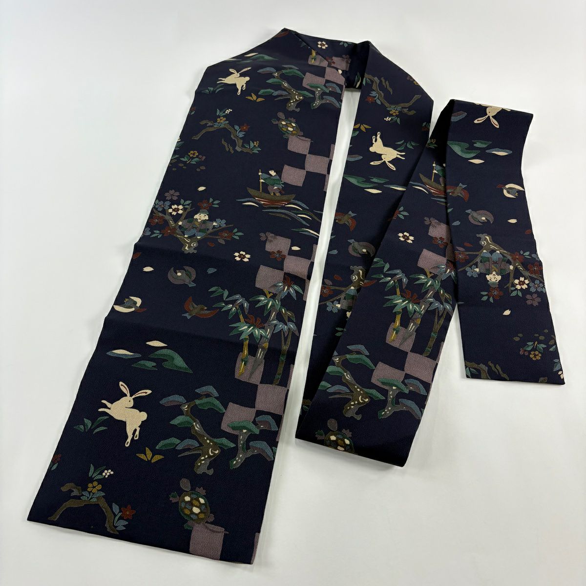 【美品】 名古屋帶 秀品級 昔話 花咲爺爺 一寸法師 絞織 深藍 純蠶絲