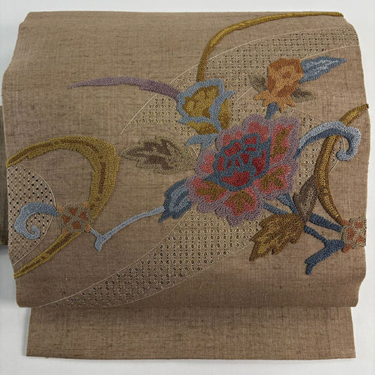 【美品】名古屋帶 秀品級 紬織織 草花紋紋 刺繡 茶 純蠶絲