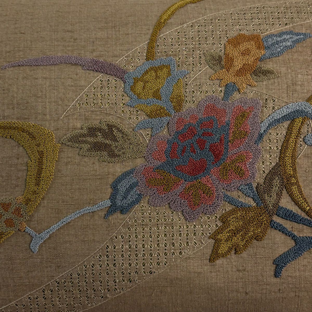 【美品】名古屋帶 秀品級 紬織織 草花紋紋 刺繡 茶 純蠶絲