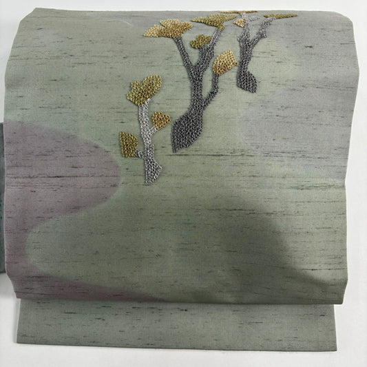 名古屋帶 秀品級 紬織織 枝花 霞 刺繡 青灰 純蠶絲