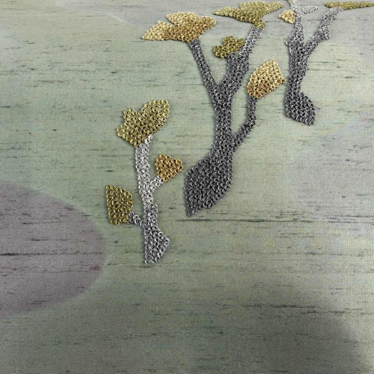 名古屋帶 秀品級 紬織織 枝花 霞 刺繡 青灰 純蠶絲
