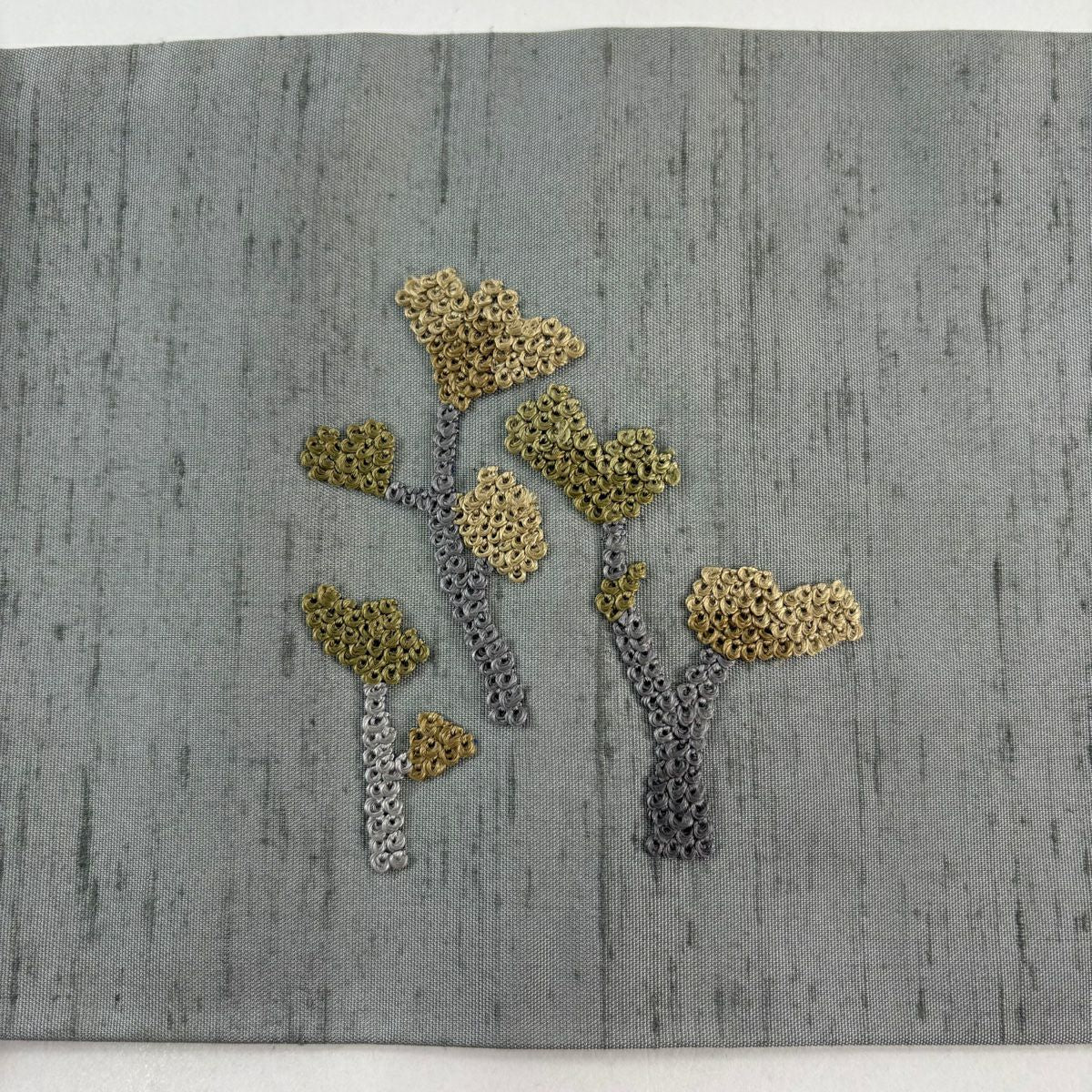 名古屋帶 秀品級 紬織織 枝花 霞 刺繡 青灰 純蠶絲