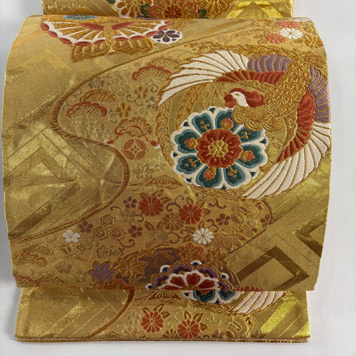 袋帶 秀品級 鳳凰 花蝶 金色 六通 純蠶絲