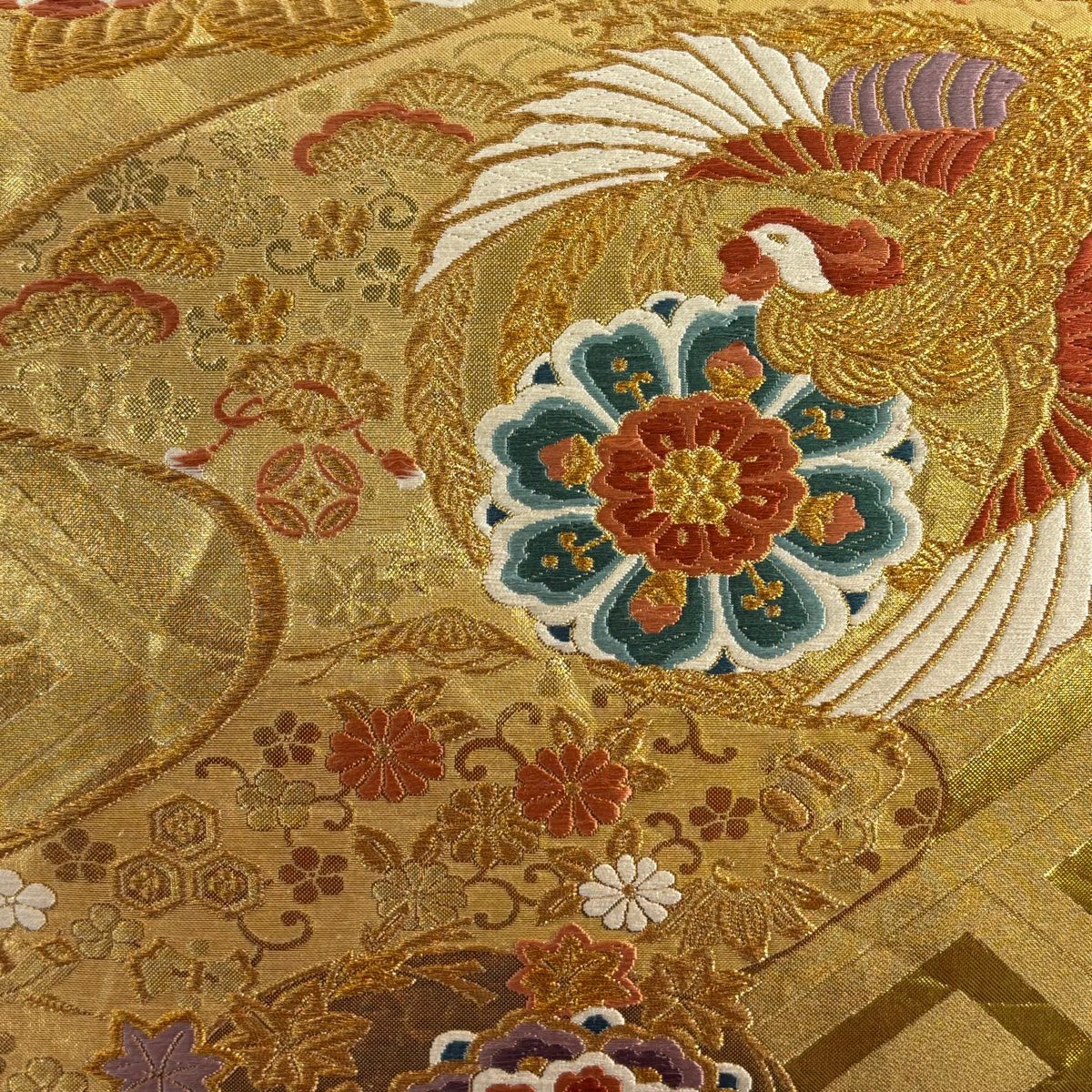 袋帶 秀品級 鳳凰 花蝶 金色 六通 純蠶絲