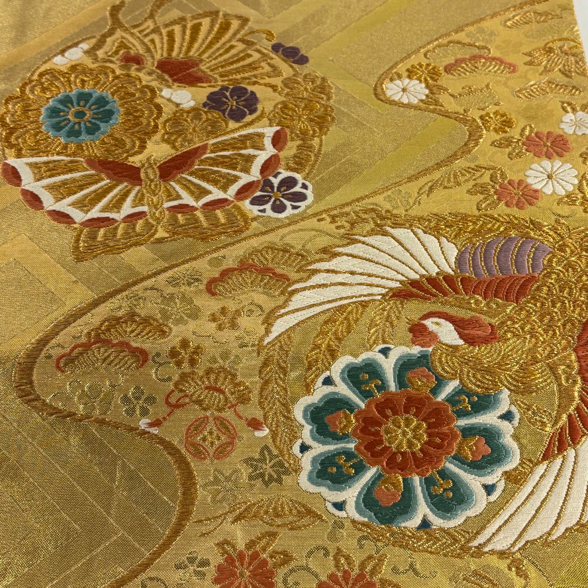 袋帶 秀品級 鳳凰 花蝶 金色 六通 純蠶絲