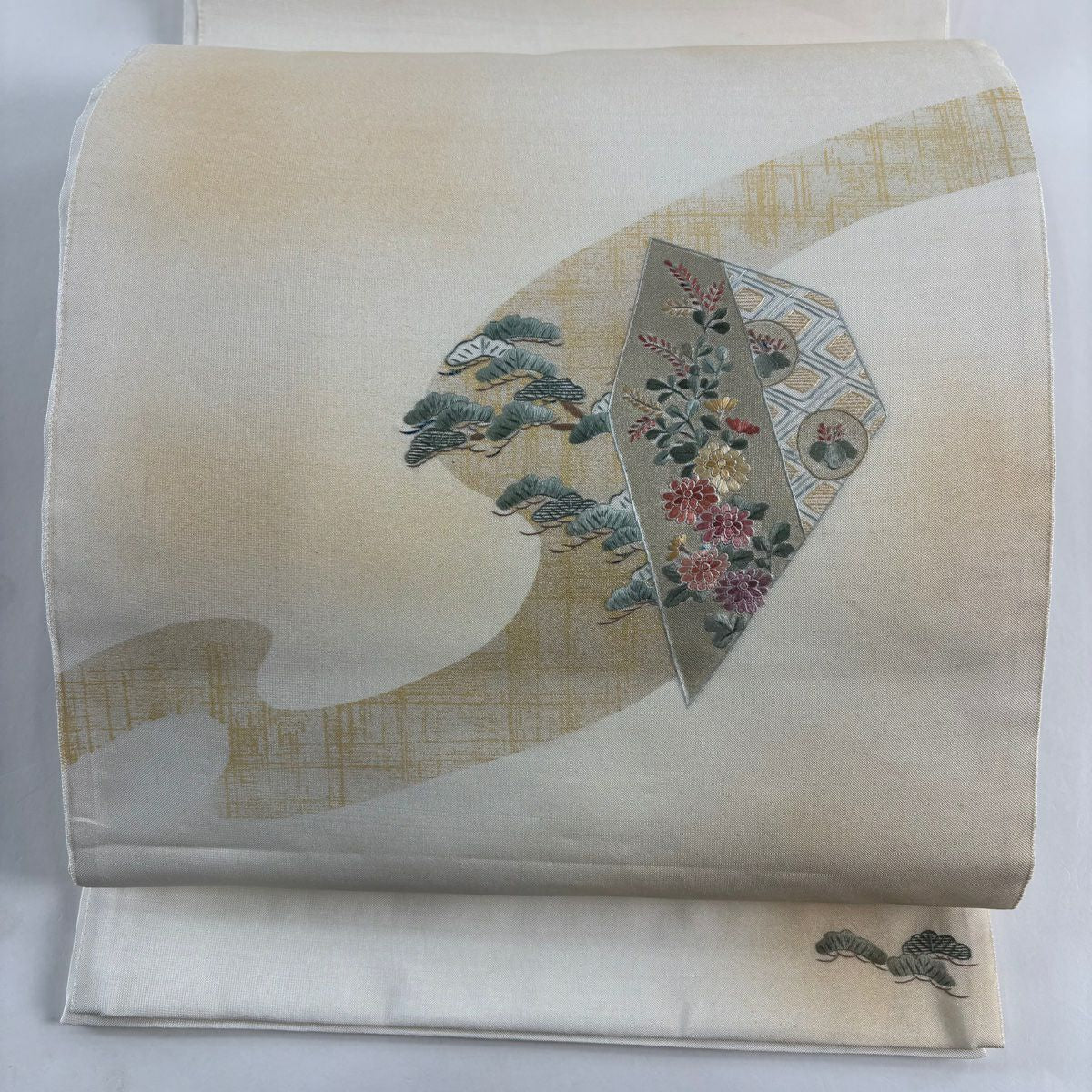 袋帶 秀品級 笠松樹 霞 金銀彩 奶油色 大鼓圖案 純蠶絲