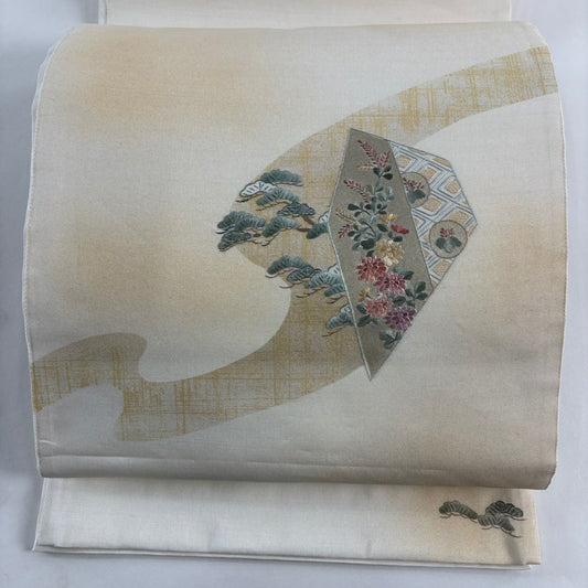 袋帶 秀品級 笠松樹 霞 金銀彩 奶油色 大鼓圖案 純蠶絲