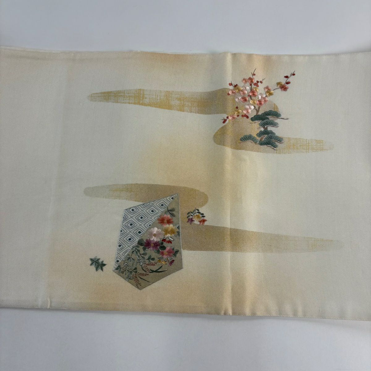 袋帶 秀品級 笠松樹 霞 金銀彩 奶油色 大鼓圖案 純蠶絲