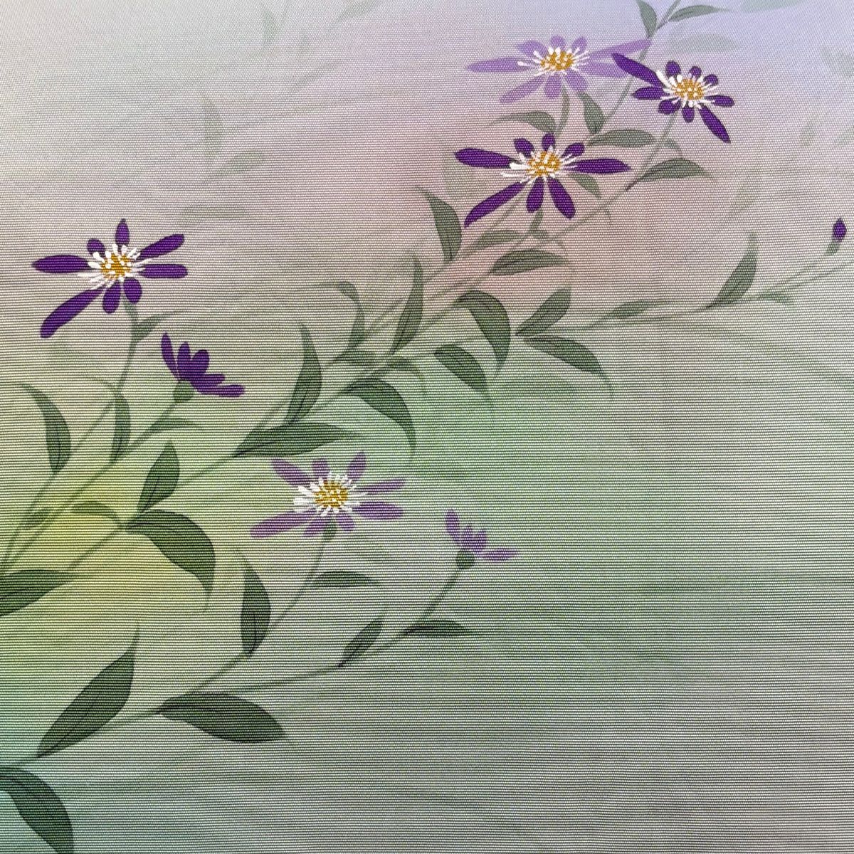 【美品】 袋帶 秀品級 落款 草花紋 薄綠 お太鼓圖案 純蠶絲