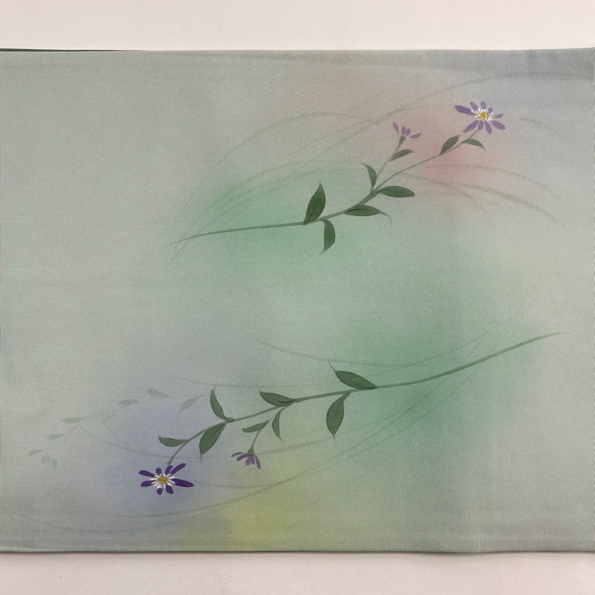 【美品】 袋帶 秀品級 落款 草花紋 薄綠 お太鼓圖案 純蠶絲