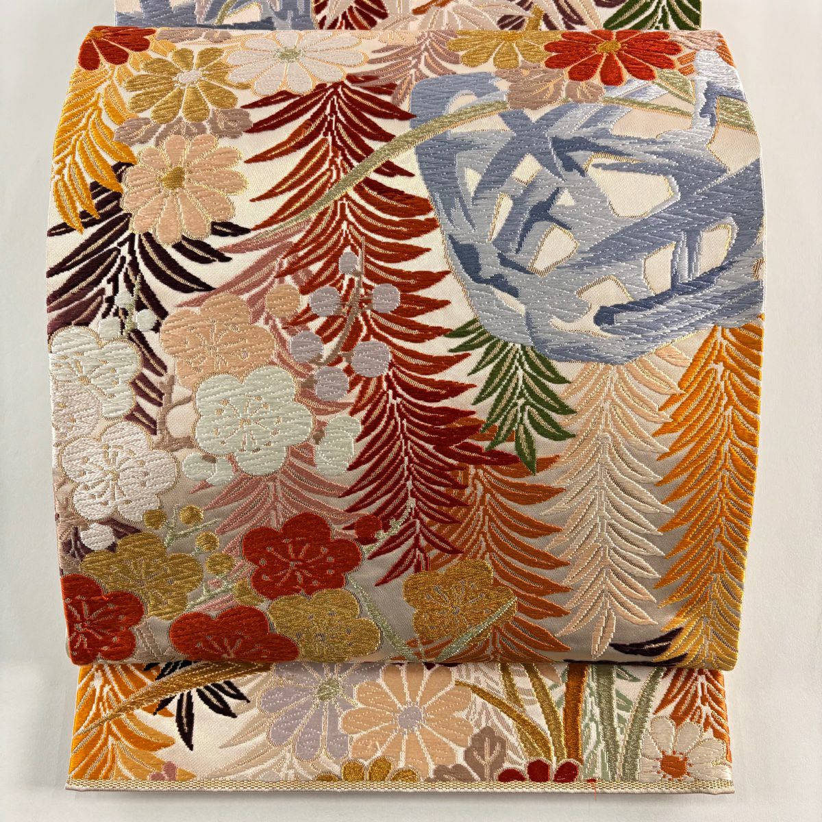 【美品】 袋帶 秀品級 有落款 關西仕立 松樹竹子梅花 金糸 唐織 淺粉色 六通 純蠶絲
