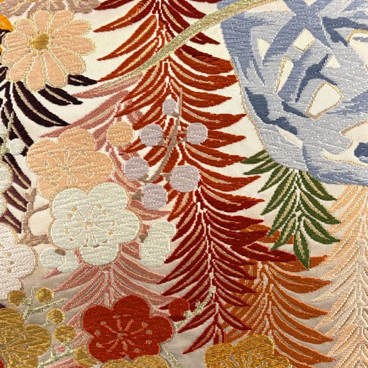 【美品】 袋帶 秀品級 有落款 關西仕立 松樹竹子梅花 金糸 唐織 淺粉色 六通 純蠶絲