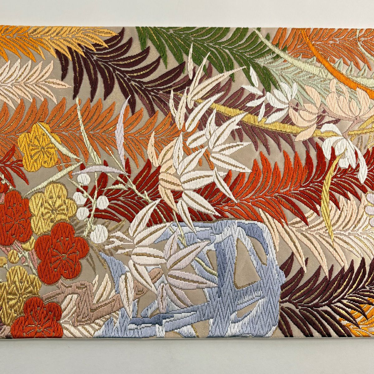 【美品】 袋帶 秀品級 有落款 關西仕立 松樹竹子梅花 金糸 唐織 淺粉色 六通 純蠶絲